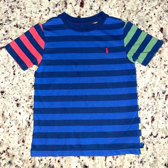 Polo Ralph Lauren Striped Jersey Tee Size 5 Blue Colorblock Boys Cotton Navy - Picture 1 of 7